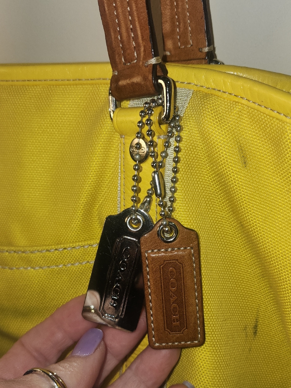 Coach Huge Yellow Canvas Tote Brown Leather Handles Travel Shoulder Strap Silver - Picture 3 of 17